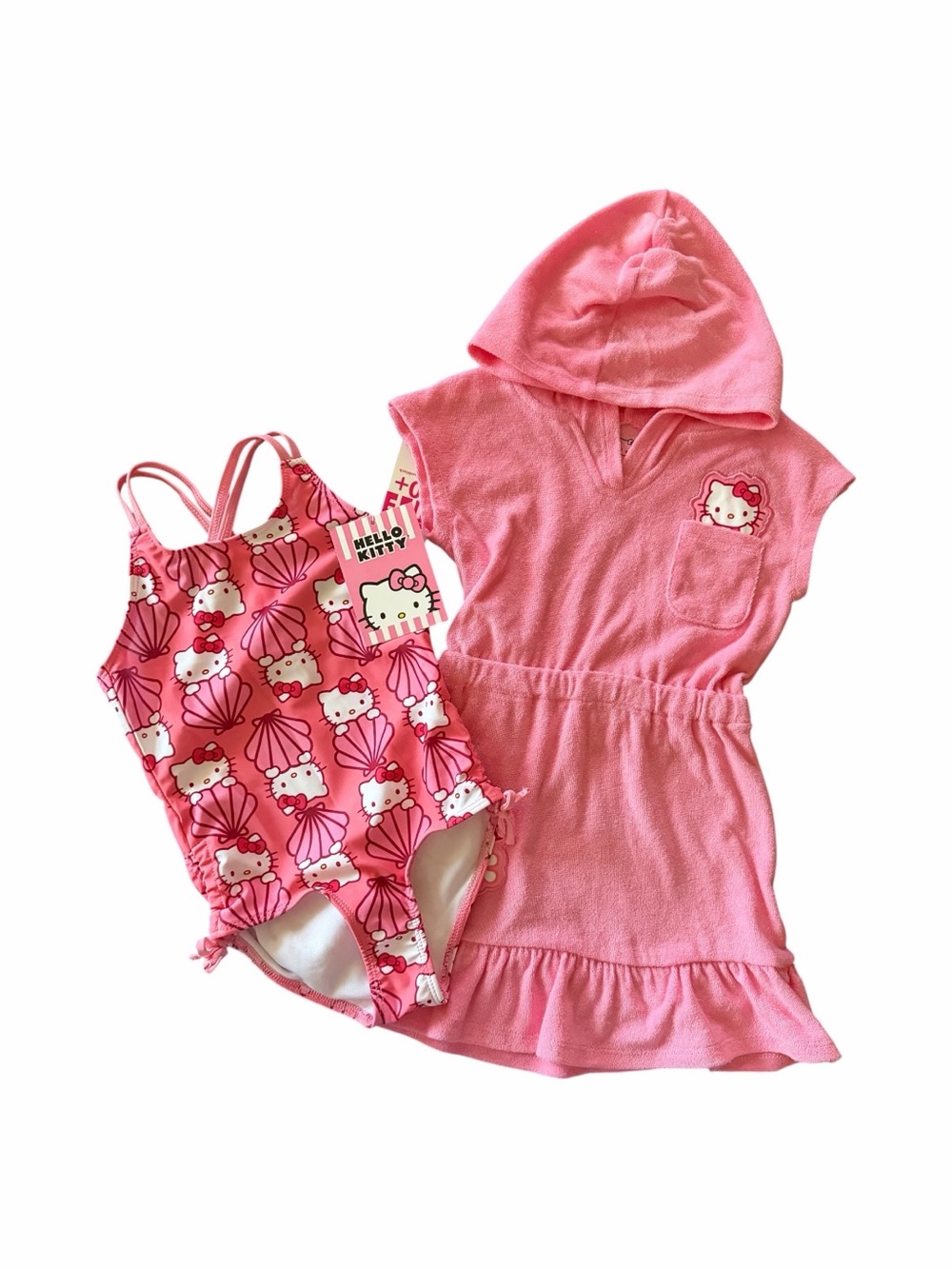 NWT-Hello Kitty Pink Girls' One-Piece Swimsuit & Hooded Cover-Up Set-size 2T